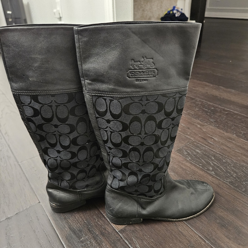 Coach Chrissi Signature black leather and fabric riding boots size 7.5 B - Picture 7 of 11